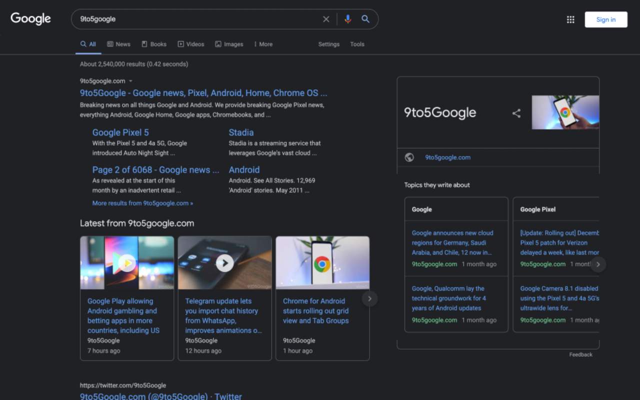 Google dark mode, pagina di ricerca (Foto 9to5google.com)