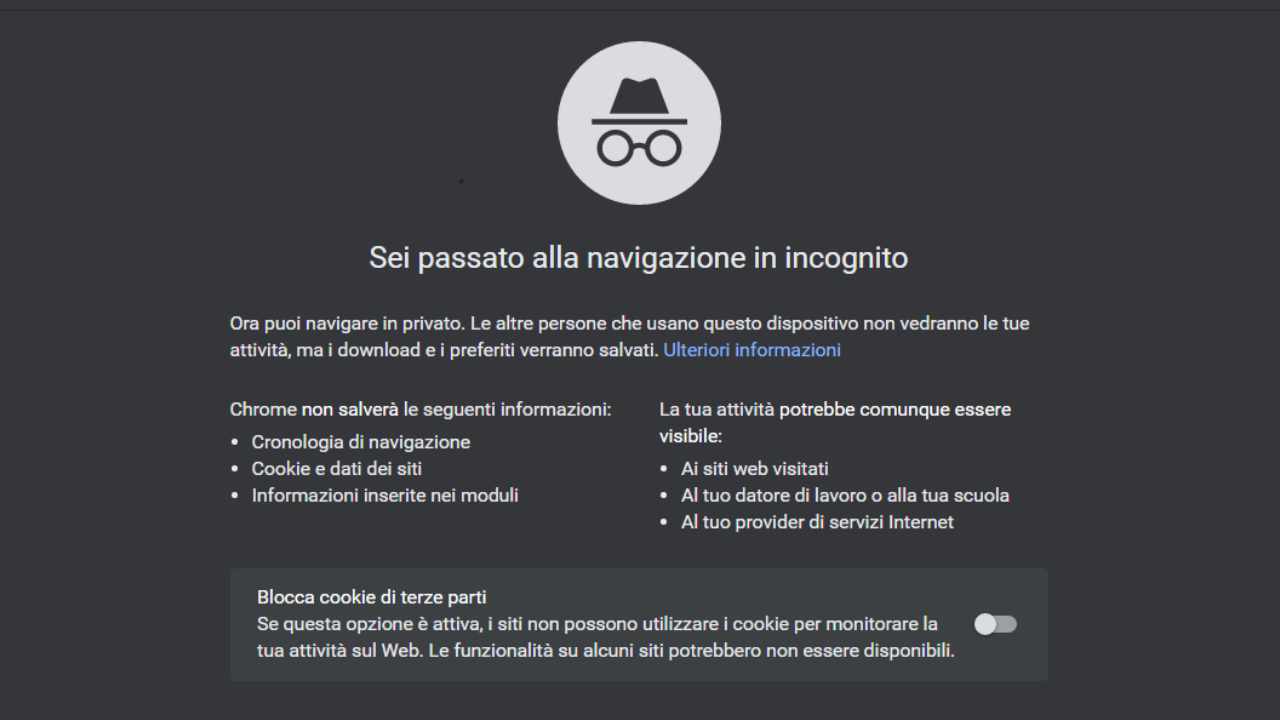 Pagina navigazione in incognito su Google Chrome