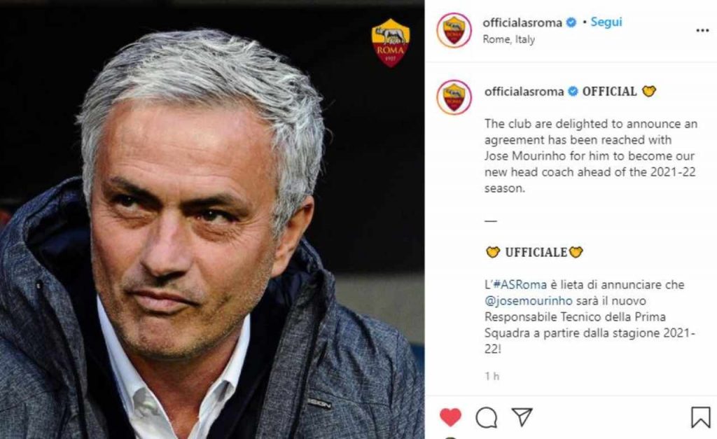 Mourinho alla Roma (Pagina Instagram As Roma)