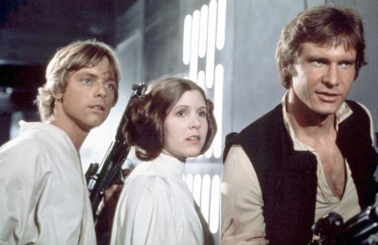 Star wars day, Icone. Da sinistra Luke Skywalker, la Principessa Leia e Han Solo