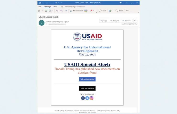 Microsoft Hacker russi USAID Lo screenshot della email mandata dall'account dell'USAID (news.yahoo.com)