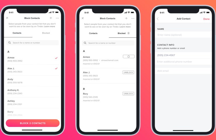 Tinder, block contacts