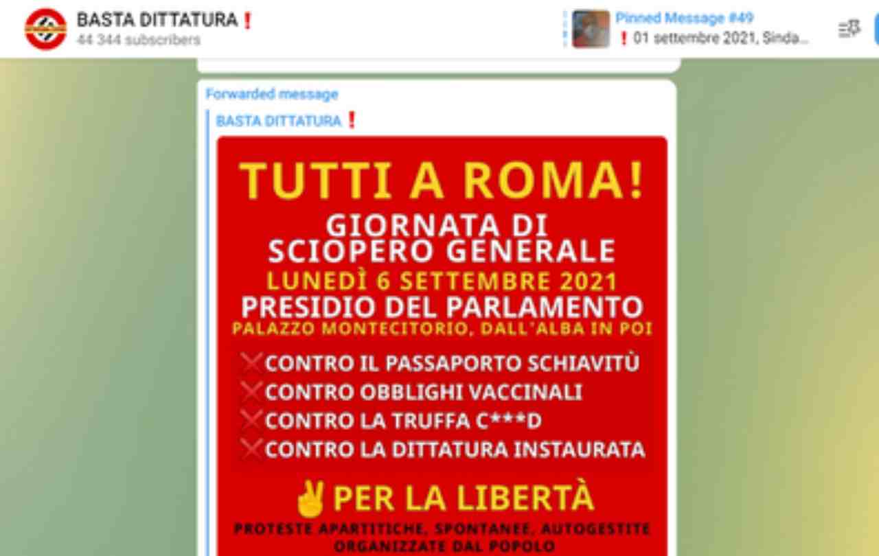 Basta dittatura, chiuso canale Telegram (Foto da Telegram)