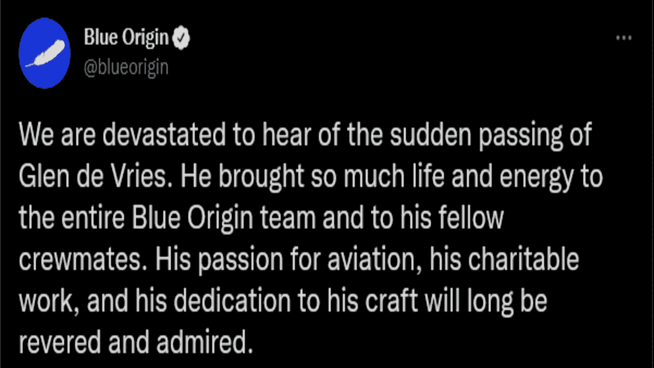 screenshot twitter blue origin morte di glen de vries